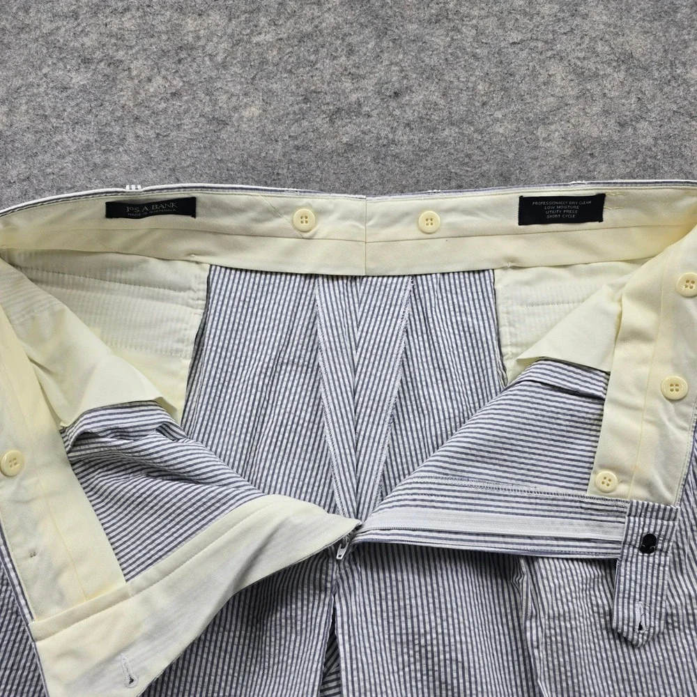 Jos A Bank Windsor Pants Mens 42 Blue White Seersucker Cotton Pleated Executive